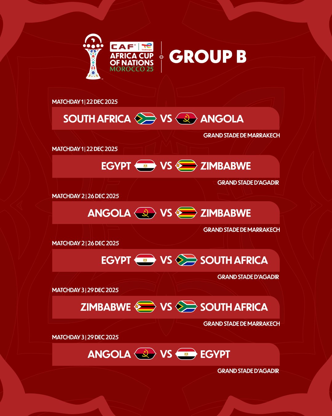 CAF announce match schedule for TotalEnergies CAF Africa Cup of Nations, Morocco 2025