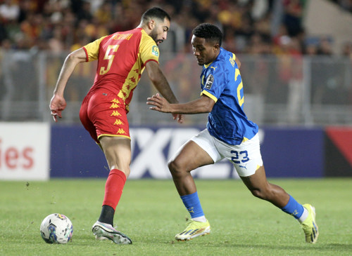 Lucas Ribeiro Costa of Mamelodi Sundowns challenged by Yassine Meriah of Esperance Tunis during the CAF Champions League 2023/24 1st leg semifinal match between Esperance Tunis and Mamelodi Sundowns at Stade Olympique Hammadi Agrebi in Rades, Tunisia on 20 April 2024