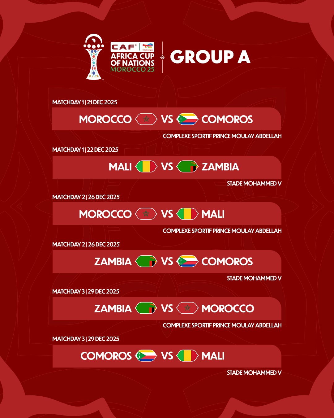 CAF announce match schedule for TotalEnergies CAF Africa Cup of Nations, Morocco 2025